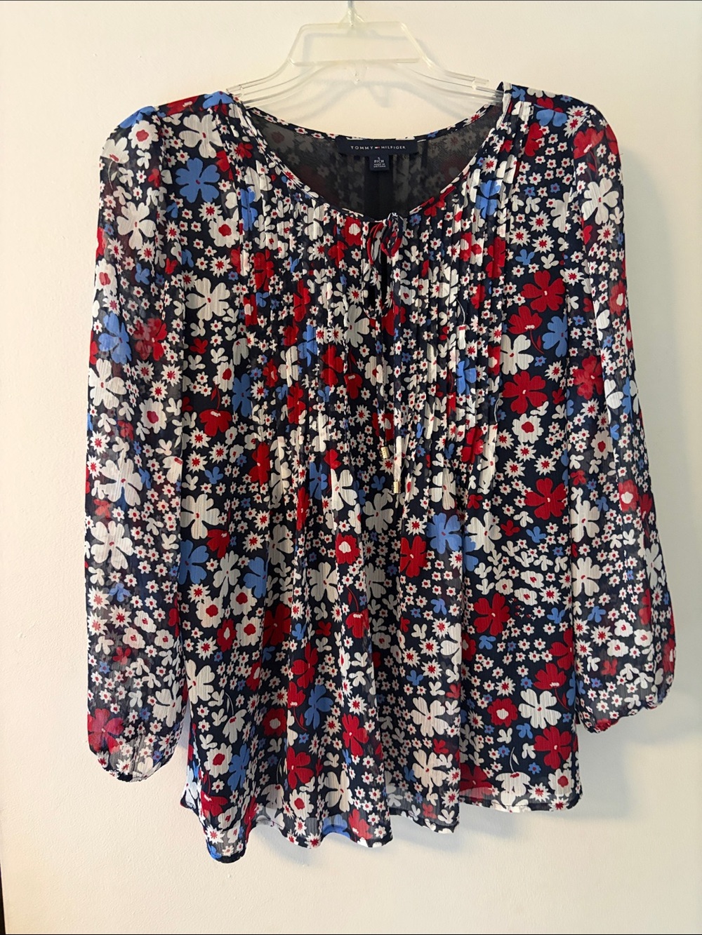 Tommy Hilfiger Navy Floral Tie-Neck Blouse with Red & White Flowers